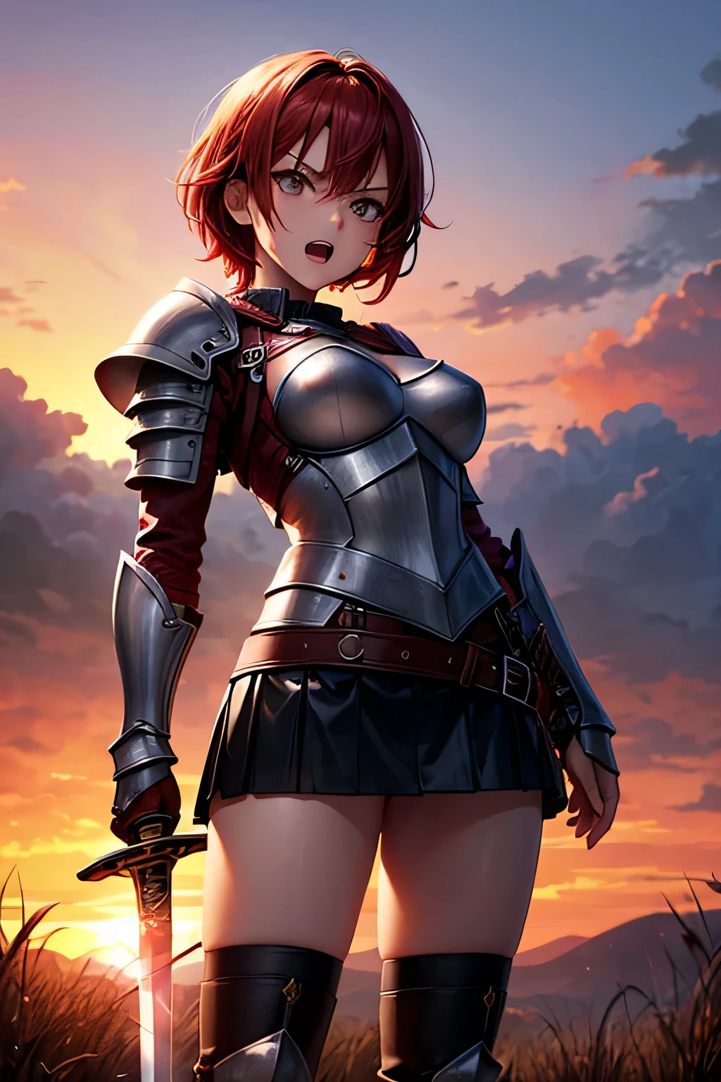 ((perfect anatomy:1.2,realistic,:1.3,RAW Photography:1.3,masterpiece、highest quality、Ultra - High resolution、High resolution、Highly detailed CG、8K)),nsfw,upper body,1 female,alone,20-year-old,beauty of japan,beautiful detailed face and eyes,big and gorgeous eyes,gray eyes,(red hair,short bob hair,bangs), (slender body,small head:1.4, skinny、small breasts),((injury、Beaten bruises:1.5)), glowing skin,oily skin,sweat,(fantasy clothing,silver armor,crop top,navel、Black micro mini skirt,female knight)、((hold a sword in hand:1.3,fight with sword)),kneeling,fantasy,world of swords and magic、grassland、Wars of the Middle Ages、A large number of knights are fighting in the background、medieval europe、natural sunlight、