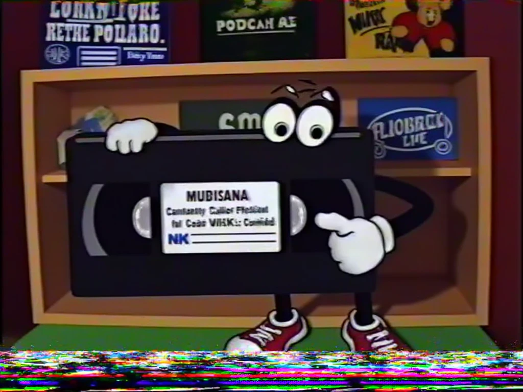 Digital illustration, PIVIG image style, anthropomorphic cartoon VHS tape, white gloves, big expressive eyes, cartoon shoes, standing proudly on a wooden shelf, 90s 's bedroom, retro toys, vintage posters, rubber hose art style, reminiscent of Max Fleischer and Ub Iwerks, VHS, VHS footage of, grainy frame from an old VHS tape, imperfections of the VHS quality, static, glitches, bleeding colors, low quality, soft nostalgic lighting, eye-level shot, 4K, high detail, Art Station, Behance
