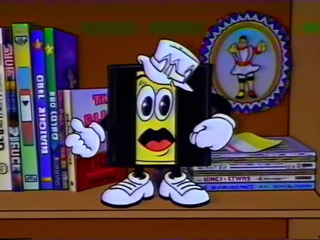 Digital illustration, PIVIG image style, anthropomorphic cartoon VHS tape, white gloves, big expressive eyes, cartoon shoes, standing proudly on a wooden shelf, 90s 's bedroom, retro toys, vintage posters, rubber hose art style, reminiscent of Max Fleischer and Ub Iwerks, VHS, VHS footage of, grainy frame from an old VHS tape, imperfections of the VHS quality, static, glitches, bleeding colors, low quality, soft nostalgic lighting, eye-level shot, 4K, high detail, Art Station, Behance