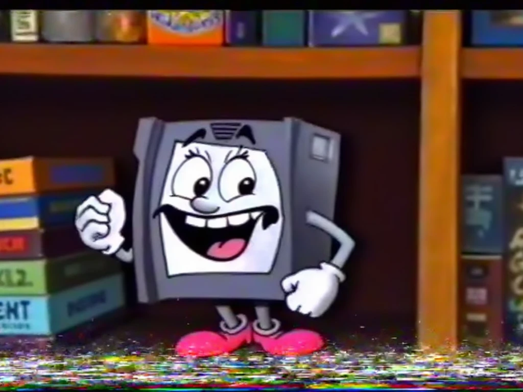 Digital illustration, PIVIG image style, anthropomorphic cartoon VHS tape, white gloves, big expressive eyes, cartoon shoes, standing proudly on a wooden shelf, 90s 's bedroom, retro toys, vintage posters, rubber hose art style, reminiscent of Max Fleischer and Ub Iwerks, VHS, VHS footage of, grainy frame from an old VHS tape, imperfections of the VHS quality, static, glitches, bleeding colors, low quality, soft nostalgic lighting, eye-level shot, 4K, high detail, Art Station, Behance
