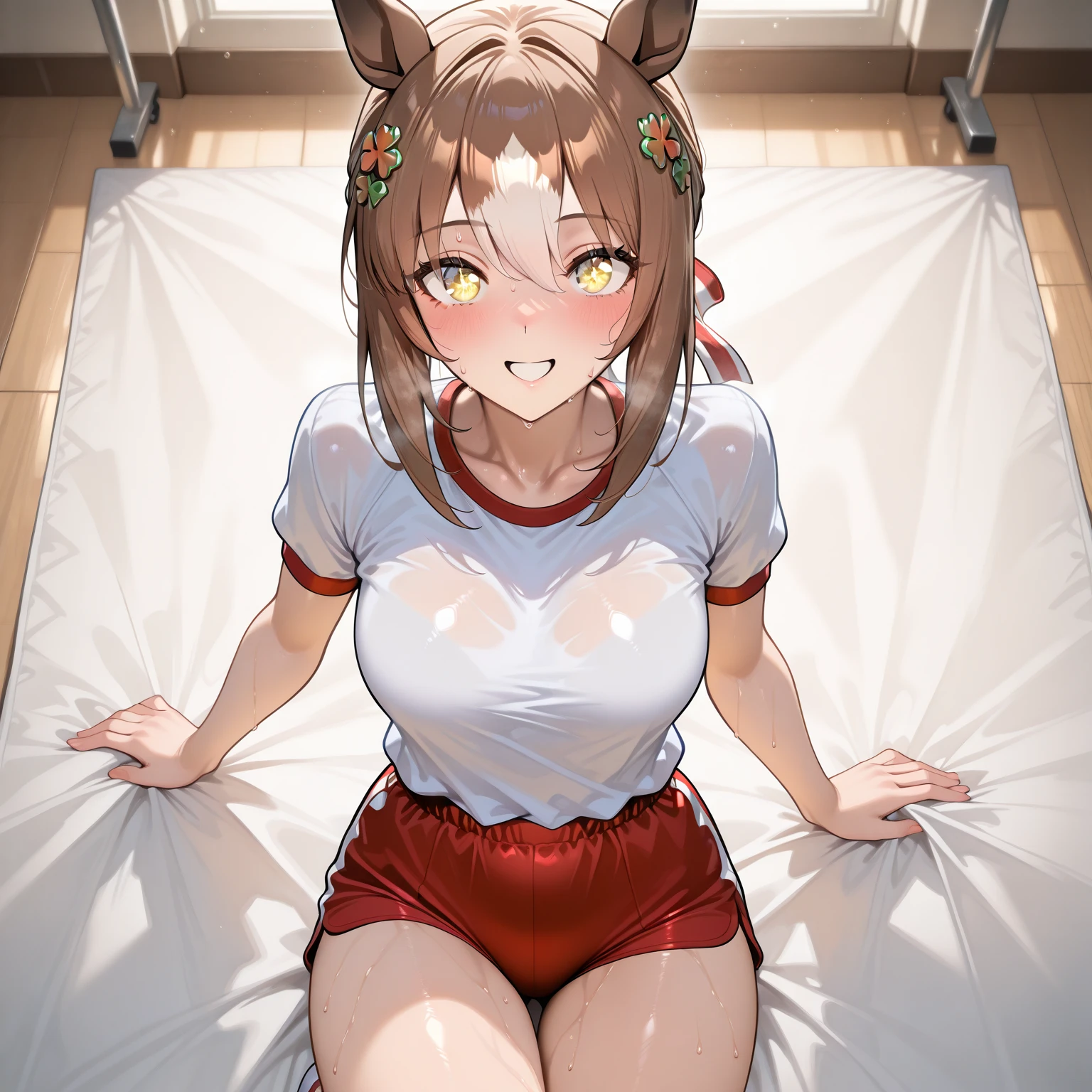 aston machan \(umamusume\), running, red hat crown, gym uniform, red buruma, white shirt, collarbone, track jacket, open jacket, (detailed face:1,3), (sleeping:1.5), (show off breast:1.3), (show off nipples:1.3), (lying on:1.3), on the bed, pussy line, (spread legs:1.3), legs up, dress lift, spread pussy, pussy line, (after sex:1.3) (panty aside:1.3), (excessive cum:1.5),