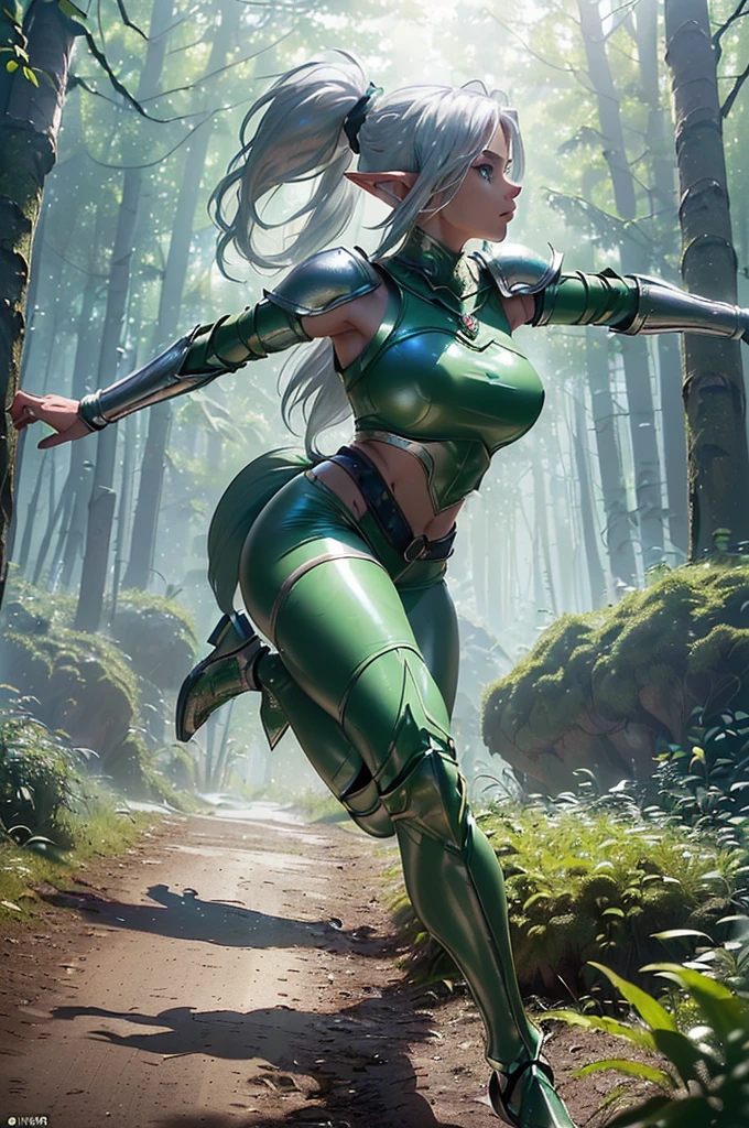 a beauty girl,Green mech,As graceful as a swan,Enchanting,long white hair,Green body,White hands,Lab Room,future-tech,fully body photo,standing on your feet,dreamy scenes,dyna,super detailing,celshaded,8K detail post-processing,magnifica,hyper photorealism,8K,Epic composition,Complicated details,unreal-engine,Mechanical exoskeleton,flower sea,eventide,green long skirt,combats,Combat posture