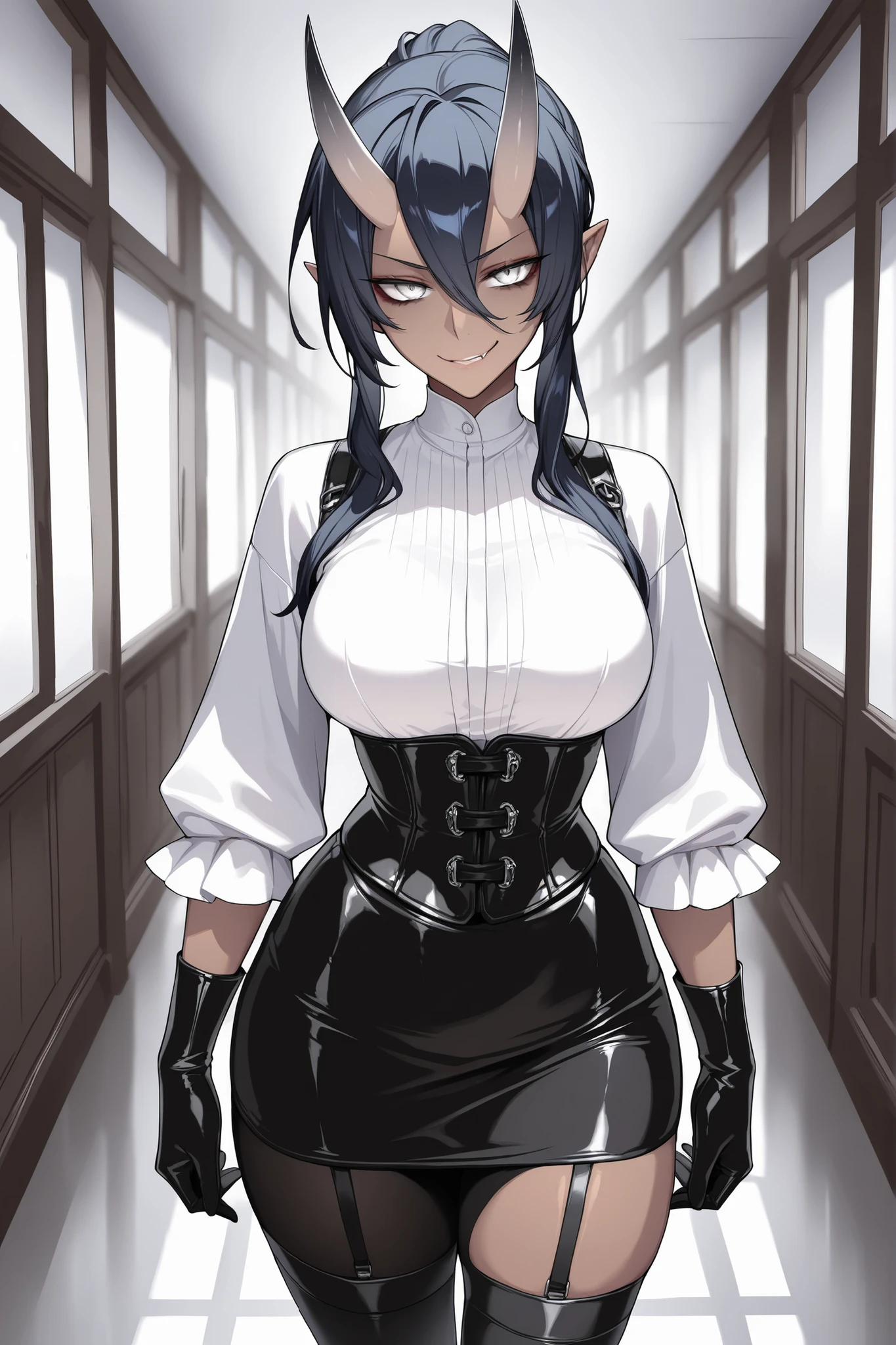 absurdres, (((Ultra HD))), (((Ultra High Quality))), ((hyper detailed)), ((Ultra High Resolution)), (Highly rendered), ((detailed eyes)), (((8K))), ((perfect face)), ((masterpiece)), cinematic, solo, 1girl, dark skin, tall, smirk, thin, dark blue hair, silver eyes, pointed ears, Oni horns, hair between eyes, long hair, medium breasts, dress, white blouse, sleevless, leather gloves, black gloves, corset, black skirt, black leggings, hallway, cowboy shot