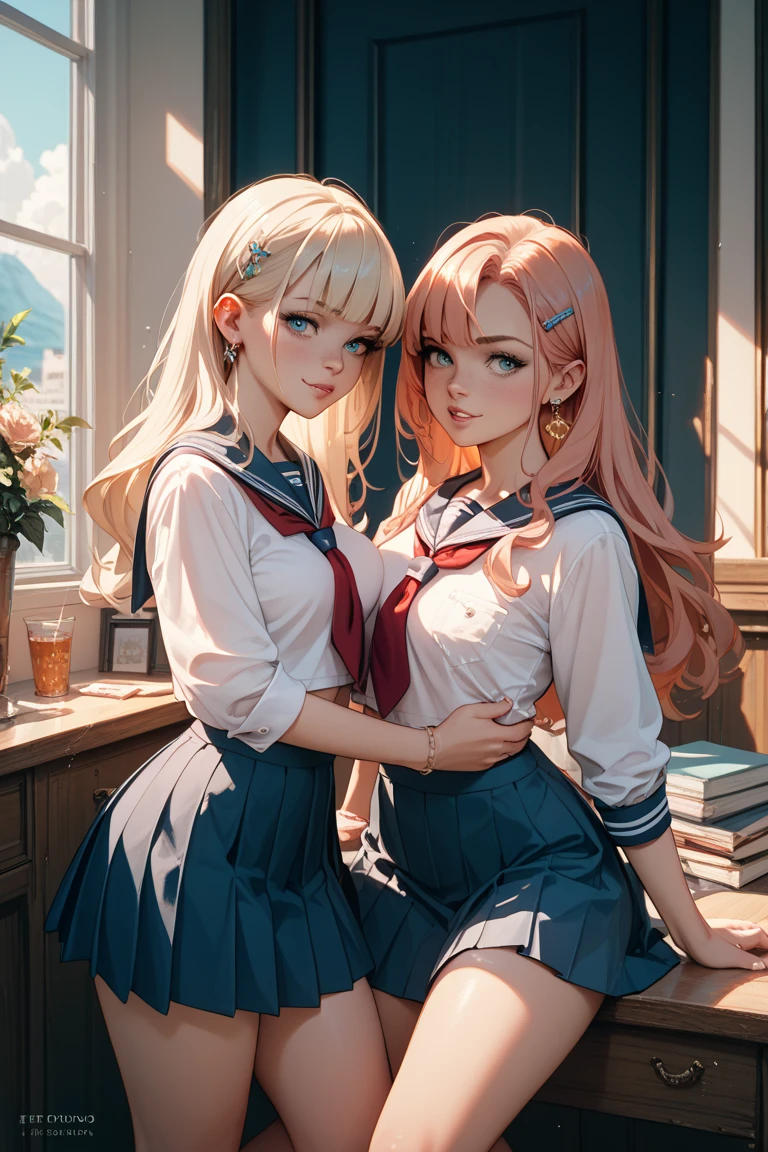 (masterpiece:1.2), (highest quality:1.2),, Curvy but slender body, perfect eyes, perfect face, perfect lighting, 2 girls, ,in the garden,(Standing position),(knitted sweater),(mini skirt),(long hair),curly hair, pink hair, detailed outdoor background, compensate, eye shadow, thick eyelashes, fantasy, looking at the viewer, whole body、blue sky、bright and beautiful face、young shiny glossy white shiny skin、the best beauty、the most beautiful bright blonde hair in the world、thin hair、Shining beautiful bangs、big shining blue eyes、very beautiful and nice 18 years old, the most beautiful girl in the world、small breasts