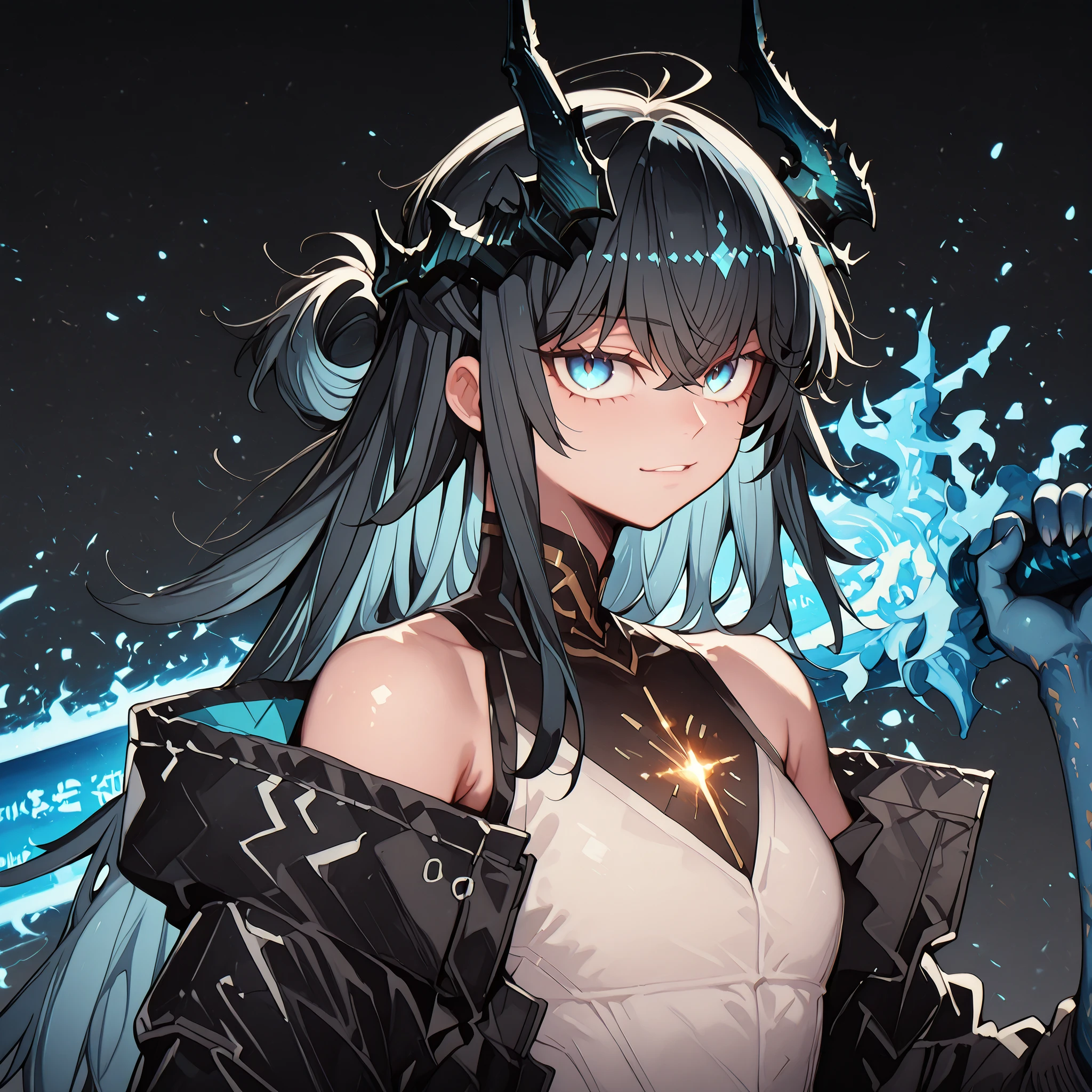 alone, 1 boy, young character, character with the height of Dusk from "Arknights", the character is male, young, black horns like Reed The Flame Shadow from "Arknights", black tail like Reed The Flame Shadow from "Arknights" with sky blue flame on the tip of the tail;
black hair with blue inside, the character's hairstyle must be the same as Khristina Rogeris from "Damn Reincarnation", long bangs, the character's face must be the same as Nian from "Arknights" but with blue eyes, flashy blue eyes, provocative face, provocative smile, young, perfect and beautiful face;
perfect anatomy, arms with colorful design like Dusk's, arms with sky blue color, hands with sky blue color, hands with claws, shoulders with sky blue runes;
black coat like Dusk from "Arknights", the coat should fall down the arms leaving the shoulders exposed with the sky blue runes visible, the inner clothing should be black with gold details and should be tight to the body with a futuristic cyberpunk style design, blue arms exposed, shoulders exposed, short stature;
holding a gigantic greatsword whose blade is longer than the character's height, gigantic greatsword completely black, immense and black blade;
black background, attack position "holding a gigantic greatsword whose blade is longer than the character's height, gigantic greatsword completely black, immense and black blade", looking at the viewer, and hands with blue details, arms colored in the style of Dusk from "Arknights" but in sky blue;
Flashy pose, shoulders and head exposed, close to the face, looking at the character, looking at the viewer, face to face, provocative smile, confidence, height similar to Dusk from "Arknights", male character, character is a young boy, character has a physique similar to Rimuru Tempest from "Tensei Shitara Slime Datta Ken", the character is a young boy, male character, the character's clothing is completely black with gold details;