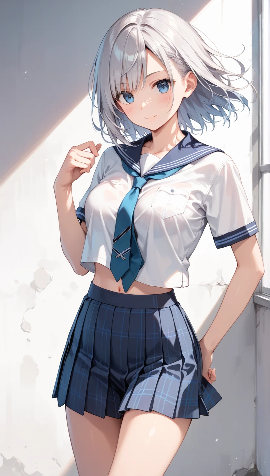 1girl, (table humping:1.5), (crotch rub:1.2), ((School_uniform), (sailor_suit), (Miniskirt) Class room, white panties, (skirt lift:1.5), (White hair and blue highlights),cyan eyes, medium, short hair, solo, (medium breasts:1.2),  table, lifting,(suggestive fluid), masterpiece, best quality, highly detailed, (panting:1.2) saliva dripping, (eye close:1.4)