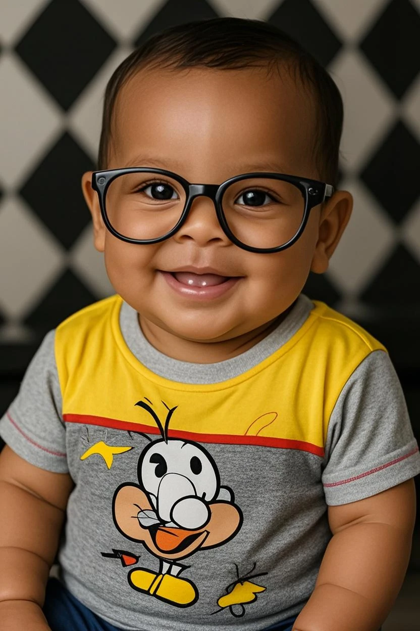 guttonervision8, Portrait of a happy 3 year old boy wearing glasses, olhos castanhos e brilhantes, Crisp and detailed skin and face, usando camiseta preta com estampa de flores. Sol iluminando brilhantemente a cena. Fundo de parque de diversoes desfocado. Fujifilm XT3. UHD.
