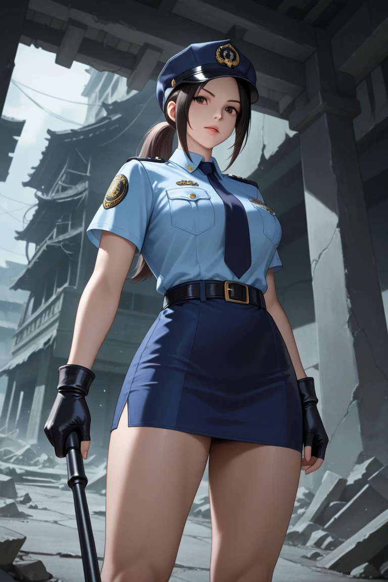 solo, nipples,, masterpiece, best quality, ultra detailed, 1girl, (fashion show:1.3), police uniform, gun, aerith gainsborough