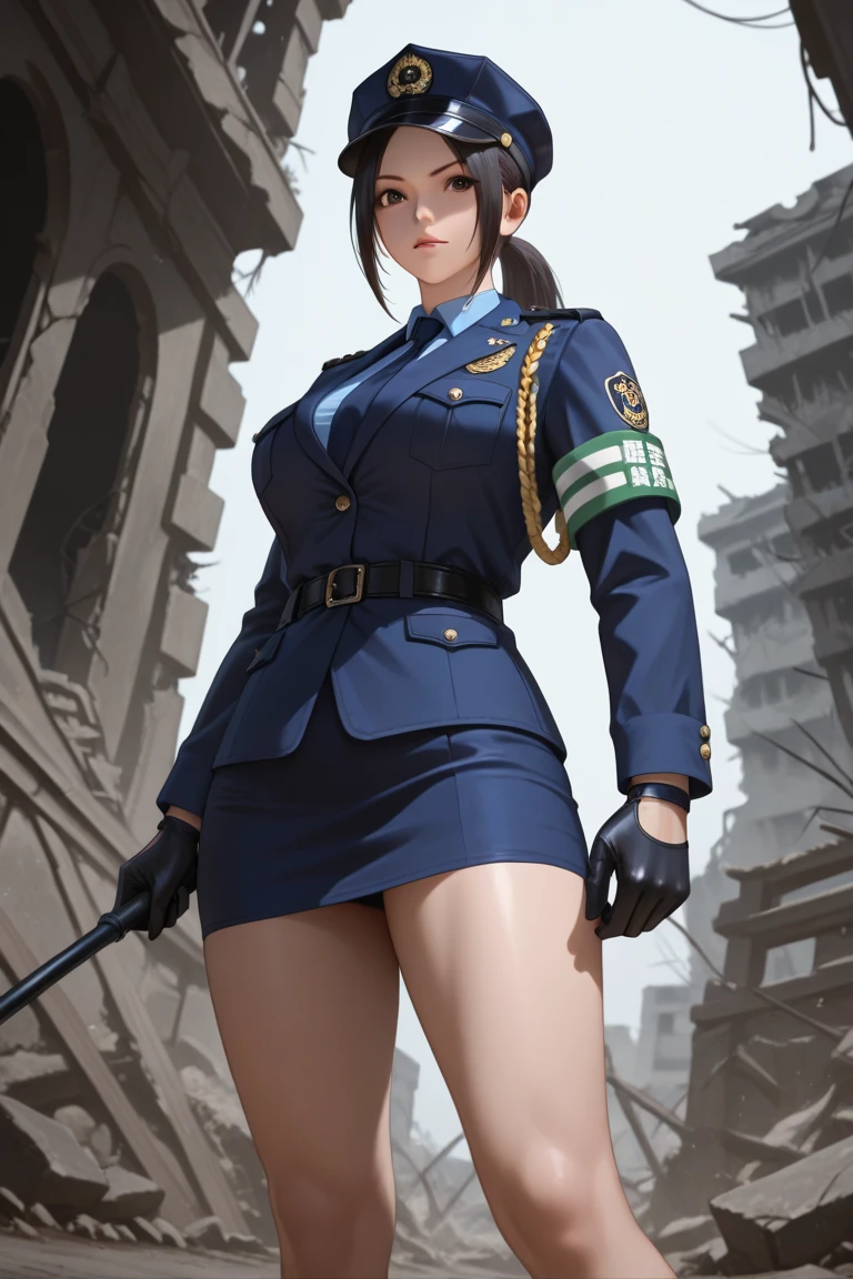 masterpiece, best quality, very aesthetic, absurdres, full body shot,(police costume:1.3), (button gap:0), police skirt, police cap, stockings with garter, on the crowed street, 1girl, tifa lockhart, final fantasy