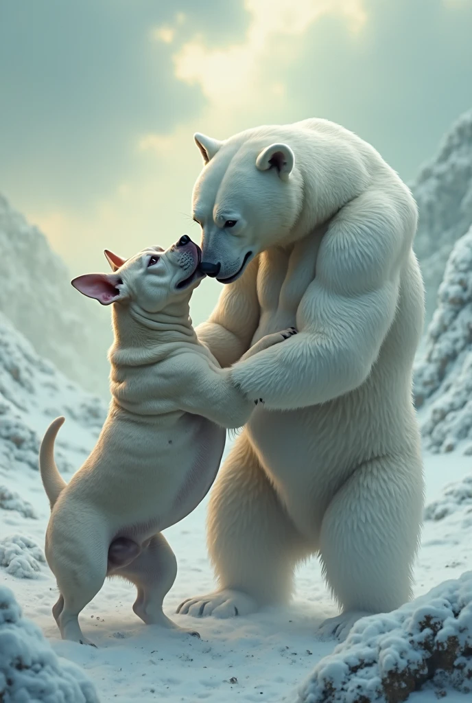 NSFW (nude) (Elsa ((human)) medium breasts, strip of pubic hair) penis in mouth, deep throat, male furry polar bear with red dog penis, full body, in a deserted snowy landscape