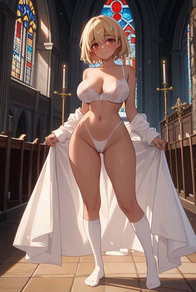 Ultra-detailed, High resolution, extremely details CG, anime image,(masutepiece, Best Quality:1.4), Illustration ,1girl in , (Iyapanjik), (angry), (frown), Wearing shoulder blades、chies、Sister Short Sleeve, Huge breasts,, (appearance々Colored panties), sox, (Skirt lift), Back, From below,People of the Church々々々々、Sister、((Clergy clothing))、Beautiful eyes