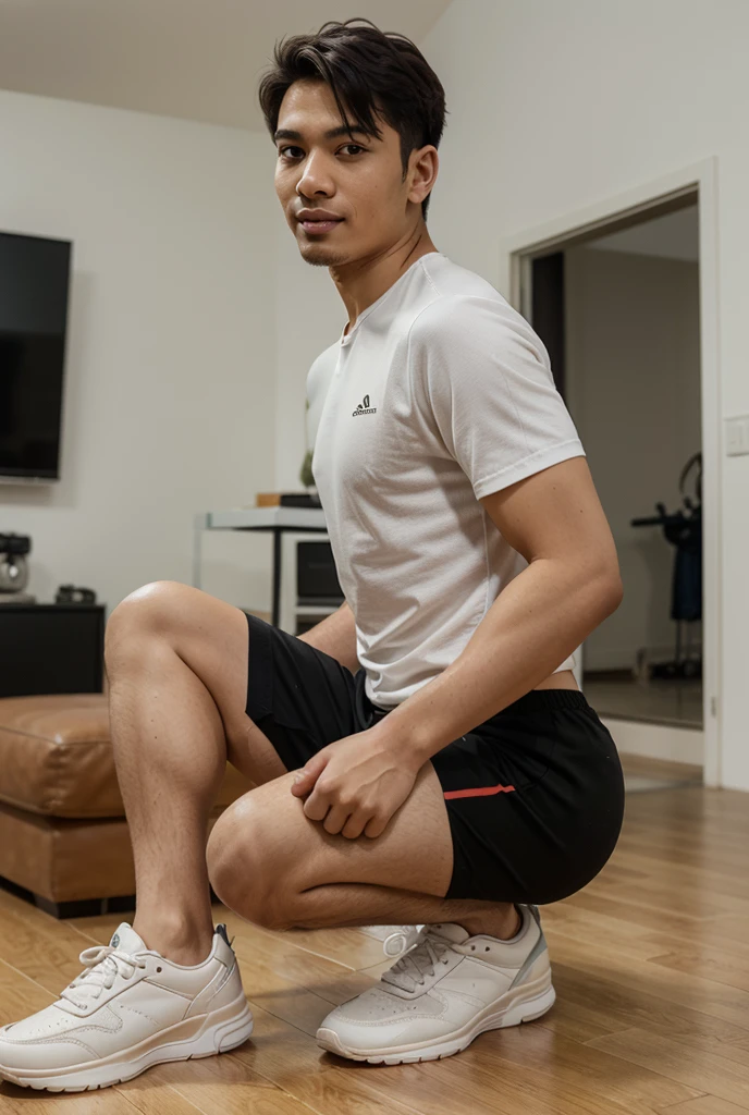 Asian handsome boy crouching sideways