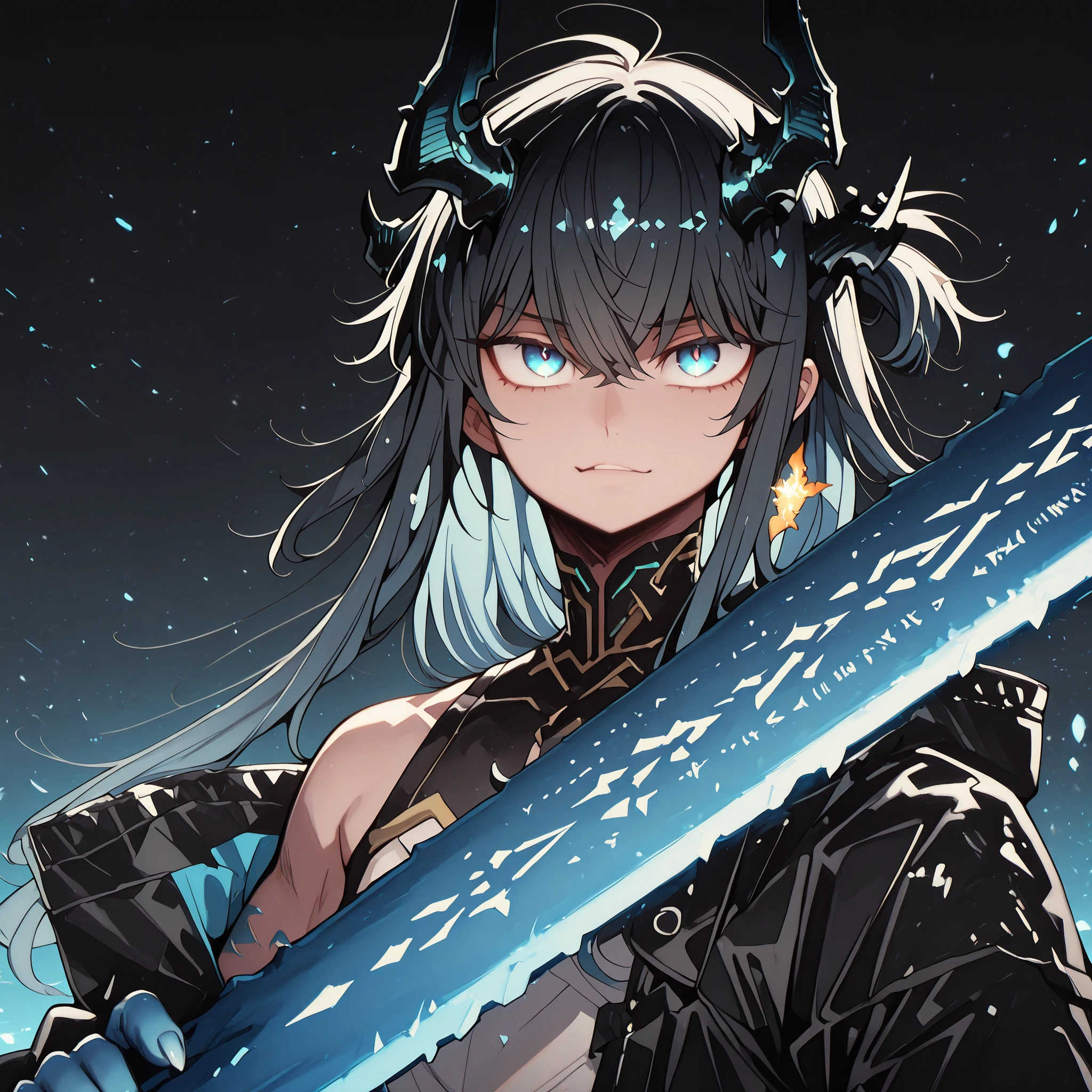 alone, 1 boy, young character, character with the height of Dusk from "Arknights", the character is male, young, black horns like Reed The Flame Shadow from "Arknights", black tail like Reed The Flame Shadow from "Arknights" with sky blue flame on the tip of the tail;
black hair with blue inside, the character's hairstyle must be the same as Khristina Rogeris from "Damn Reincarnation", long bangs, the character's face must be the same as Nian from "Arknights" but with blue eyes, flashy blue eyes, provocative face, provocative smile, young, perfect and beautiful face;
perfect anatomy, arms with colorful design like Dusk's, arms with sky blue color, hands with sky blue color, hands with claws, shoulders with sky blue runes;
black coat like Dusk from "Arknights", the coat should fall down the arms leaving the shoulders exposed with the sky blue runes visible, the inner clothing should be black with gold details and should be tight to the body with a futuristic cyberpunk style design, blue arms exposed, shoulders exposed, short stature;
holding a gigantic greatsword whose blade is longer than the character's height, gigantic greatsword completely black, immense and black blade;
black background, attack position "holding a gigantic greatsword whose blade is longer than the character's height, gigantic greatsword completely black, immense and black blade", looking at the viewer, and hands with blue details, arms colored in the style of Dusk from "Arknights" but in sky blue;
Flashy pose, shoulders and head exposed, close to the face, looking at the character, looking at the viewer, face to face, provocative smile, confidence, height similar to Dusk from "Arknights", male character, character is a young boy, blue runes on the shoulders, the character is a young boy, male character, the character's clothing is completely black with gold details, completely black underwear with gold details with cyberpunk;
