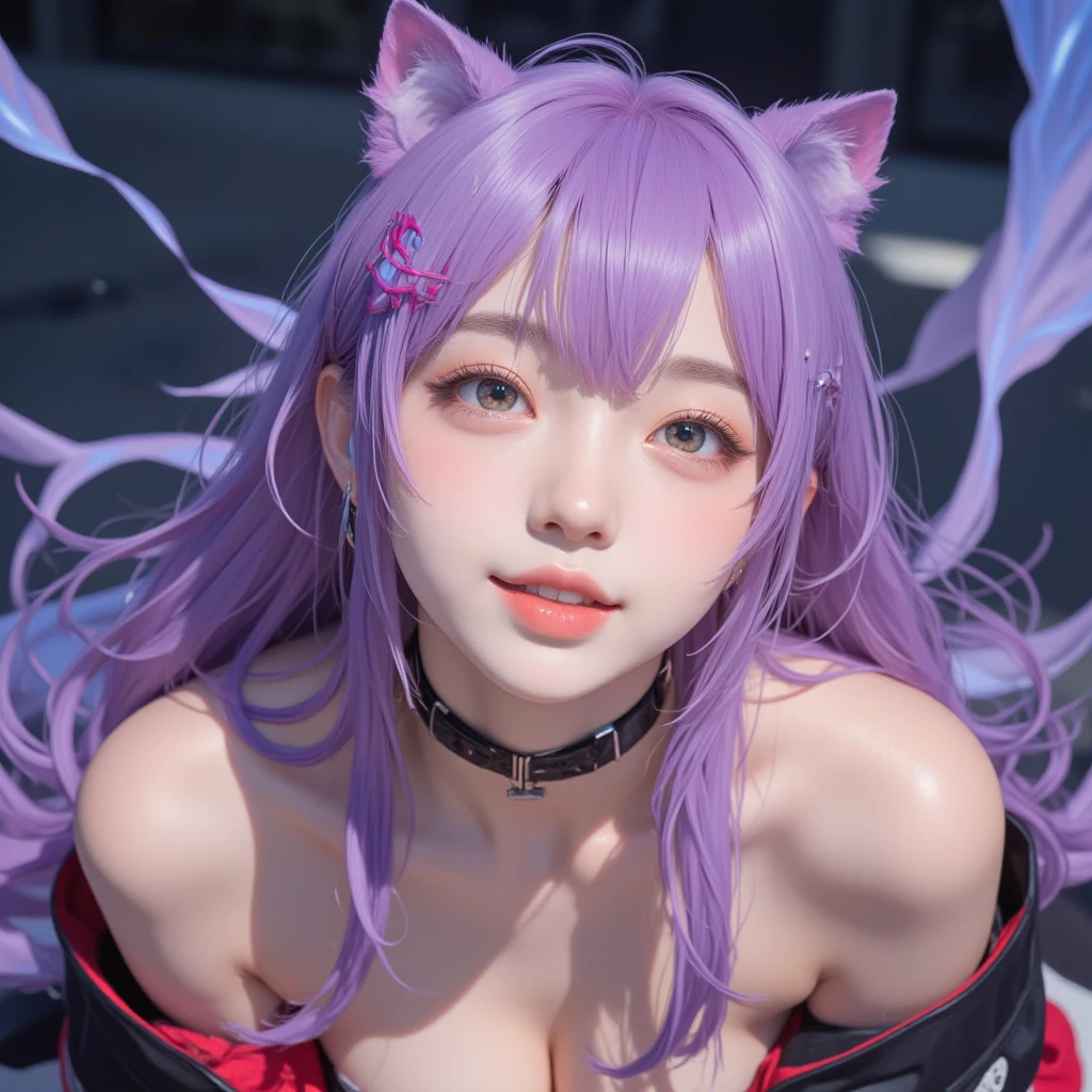top-quality、超A high resolution、(Photorealsitic:1.4)、masterpiece、1girll、Kpop Idol、(aegyo sal:1.0)、Puffy eyes、(ruin city)、((Work Bodysuit))、((animal ear headphones))、shoe、(cleavage of the breast)、(slender)、((Purple hair))、((red pupils))、(Sitting on the floor)、(Soft smile)、(half-opened mouth)、Happiness、(length hair)、(Braids)、NSFW、depth of fields、详细的脸、 shinny skin、Nice detailed eyes、heavy eye makeup、Slim waist、red blush、detailed eye makeup、perfect anatomia、View from below、Perfectly shaped fingers、(Dynamic Poses)