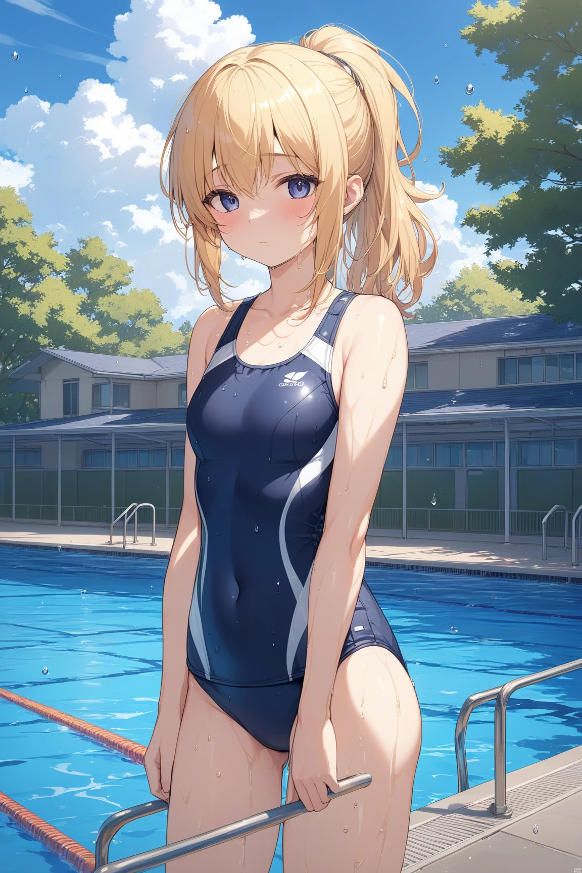 (masterpiece, highest quality, 8K ultra-high resolution:1.4), (tropical, beach side, flowers: 1.4), Depth of the bounds written, cinematic focus, from a dramatic angle, Emotional composition, Young cute girl sitting and BREAK, slender body, flat chest, A provocative and loving expression, highly detailed shiny skin, Dark blue one-piece swimsuit, (Wet and shiny detailed swimsuit: 1.2), Wet and shiny thighs, perfect hip break
(realistic: 1.2), beautiful ponytail hair, Wind, detailed in the Wind, petals dancing in the Wind
BREAK
ultra detailed crystal eyes, red jewel eyes