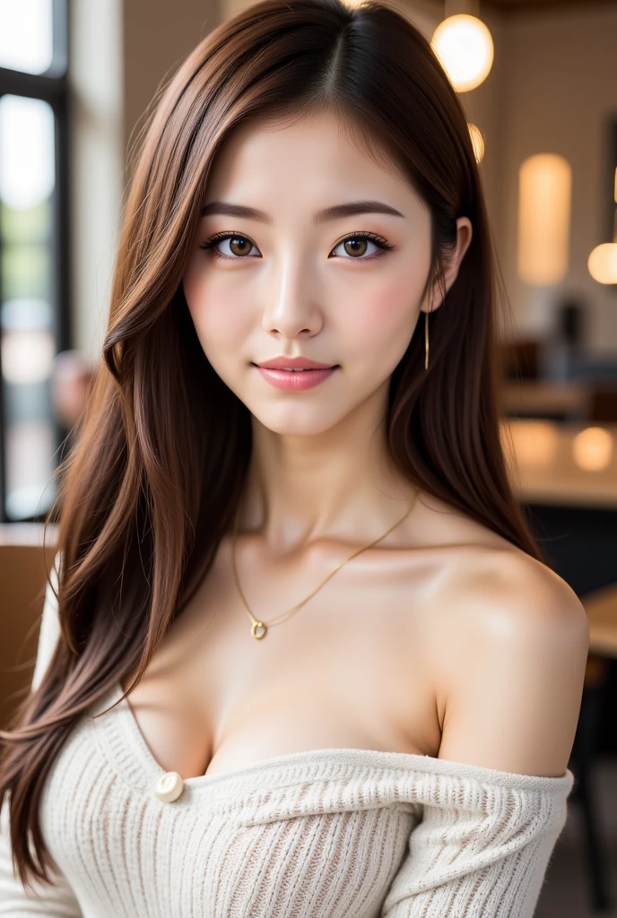 (Realistic, high resolution:1.2), 1 girl, super fine face and eyes, long hair, sitting on coffee chair, in a café, coffee on the table, smaller breasts,naked,nude,