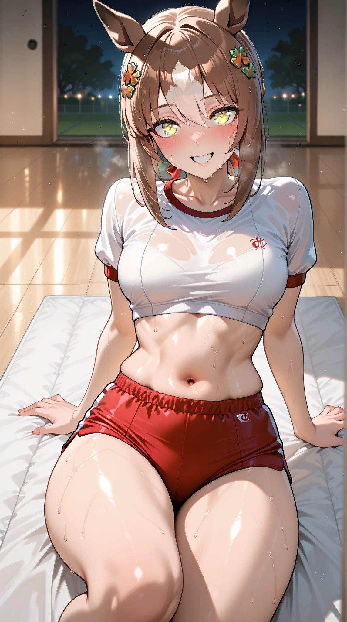 (masterpiece:1.5),(best quality:1.5),(high resolution:1.5),(8k:1.5),(perfect face:1.5),(beautiful detailed eyes:1.5),(Cowboy Shot:1.5) ,(extremely detailed face:1.5),(perfect lighting:1.5),(extremely detailed CG:1.5), (perfect hands:1.5),(perfect anatomy:1.5),,(perfect body:1.5),(perfect hands:1.5),(perfect fingers:1.5),(full body:1.5),(fighter:1.5),(1woman:1.3),(megami magazine:1.25),pale skin,(large breasts:1.2)(large ass:1.2)sarasvati,(black long hair:1.2),(red eyes:1.2), ,(white gym clothes:1.2),looking at viewer,(sexy look pose:1.5),(cameltoe:1.2),,(clothed:1.3),gym,(wet:1.1),(sweat:1.2),Squat