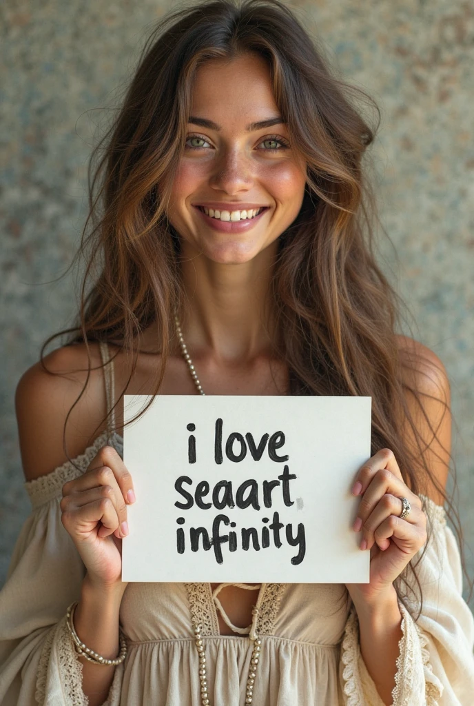 Beautiful girl with wavy long hair, bohemian dress, holding a white board with text "I Love Seaart Infinity" and showing it to the viewer