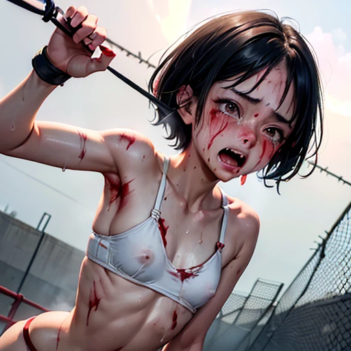 a bloody beautiful young Japanese female streetfighter is beated down in the backstreet. Blood is dripping from her nose. She is covered in scars and bruises. She's on all fours. she is damaged terribry. she was defeated. she lost the fight. she was knocked out. Short-cut black hair, out of breath, drooling from mouth, crying, exhausted, drenched in sweat. one eye closed, Erect nipples. open finger glove. denim shorts, sports-bra