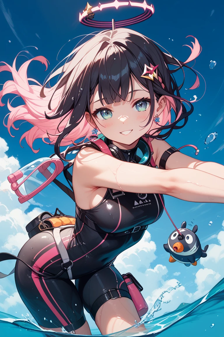 scubagear, diving mask, pink bikini, diving goggles, scuba tank, action pose, best quality, masterpiece, 5 fingers, 1girl, comic style, swimming,