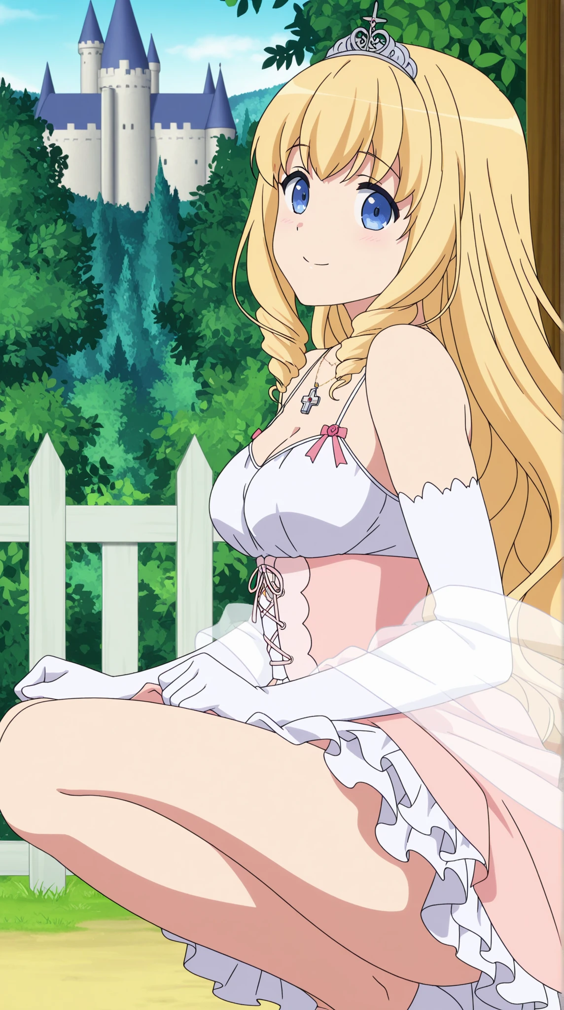 masterpiece, Highest quality, so beautiful, Long Hair, Blonde, Hair Ribbon, blue eyes, (Smaller head), Earrings, whiteいワンピース, No sleeve, sunlight, grassland, Are standing, Cowboy Shot, Mid-chest, smile, blush, Look back here, (Lift up the dress:1.5), (white_Panties:1.5), (Thick thighs:1.5), (Wide pelvis:1.5), (From directly under the buttocks:1.5), (From behind:1.5)