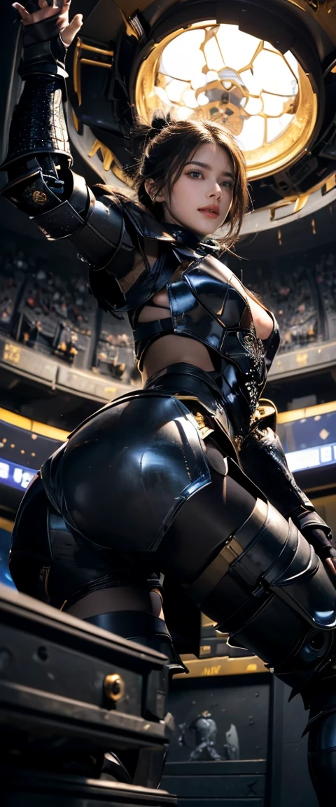Tifa dressed as a sexy warrior with transparent golden crystal armor and a crystal sword, uncovered body, round ass, big breasts