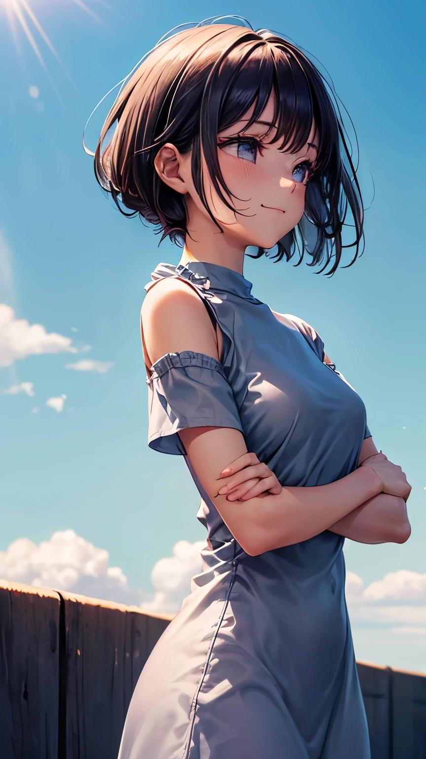 Super detailed photo of a 22 year old brunette girl with medium short loose hair, natural beauty, calm expression, strong body and medium chest, wearing woolen shoes and jeans, against a solid sky blue background.