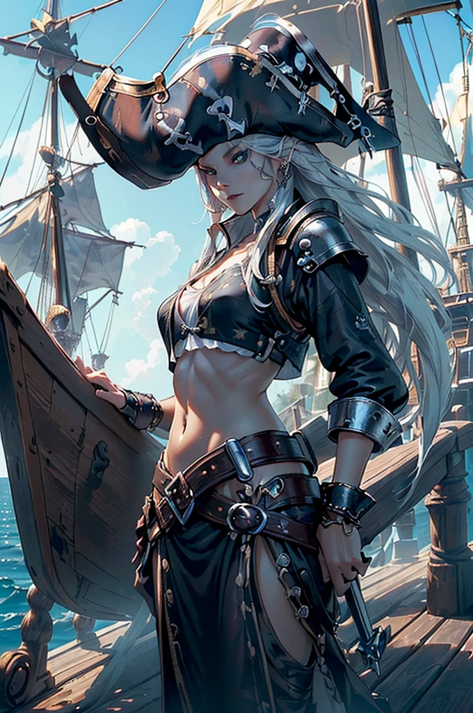 (best quality,ultra-detailed,realistic:1.37),a pirates girl,short hair,muscular abs,holding dagger weapon,intricate complex detail,colorful,vivid colors,dramatic lighting,contrasting shadows,expressive eyes,fierce expression,dynamic pose,pirate attire,jewelry accents,rough textures,aged and weathered appearance,leather,metallic accents,sense of adventure,confident stance,background:stormy sky,pirate ship silhouette,seagulls flying