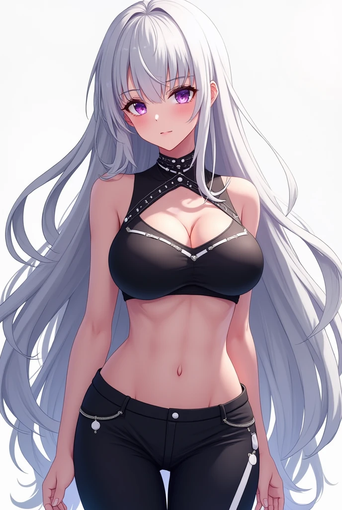 (masterpiece:1.3), (absurdres:1.3), (best quality:1.3), hand of Guido Daniele, (ultra-detailed:1.3),(best shadow:0.7), (handled hair), 1girl, solo, Botan, grey hair, long hair, grey eyes, lion_ears, messy hair, BotanSuit, grey hair, long hair, black sports bra, navel, midriff, cleavage, bare shoulders, pantyhose, dog tags, huge breasts