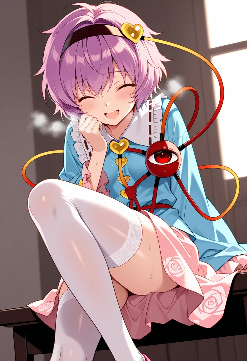 Browsing Caution,(((steam))),(((clitoris, urethra))), (((spread legs, knees up, showing pussy))), (((open vagina))),((sweat,clear face)),(komeiji satori(touhou)),pink eyes,(flat breasts),short hair,pink hair,messy hair,third eye,ribbon trim,1 girl,pink eyes,(flat breasts),short hair,pink hair,messy hair,third eye,collared shirt,blue shirt,frilled shirt collar,ribbon trim,heart button,long sleeves,frilled sleeves,wide sleeves,pink skirt,frilled skirt,floral print,(((bare breasts,topless))),((drip love juice)),((wet,nude,night,forest))