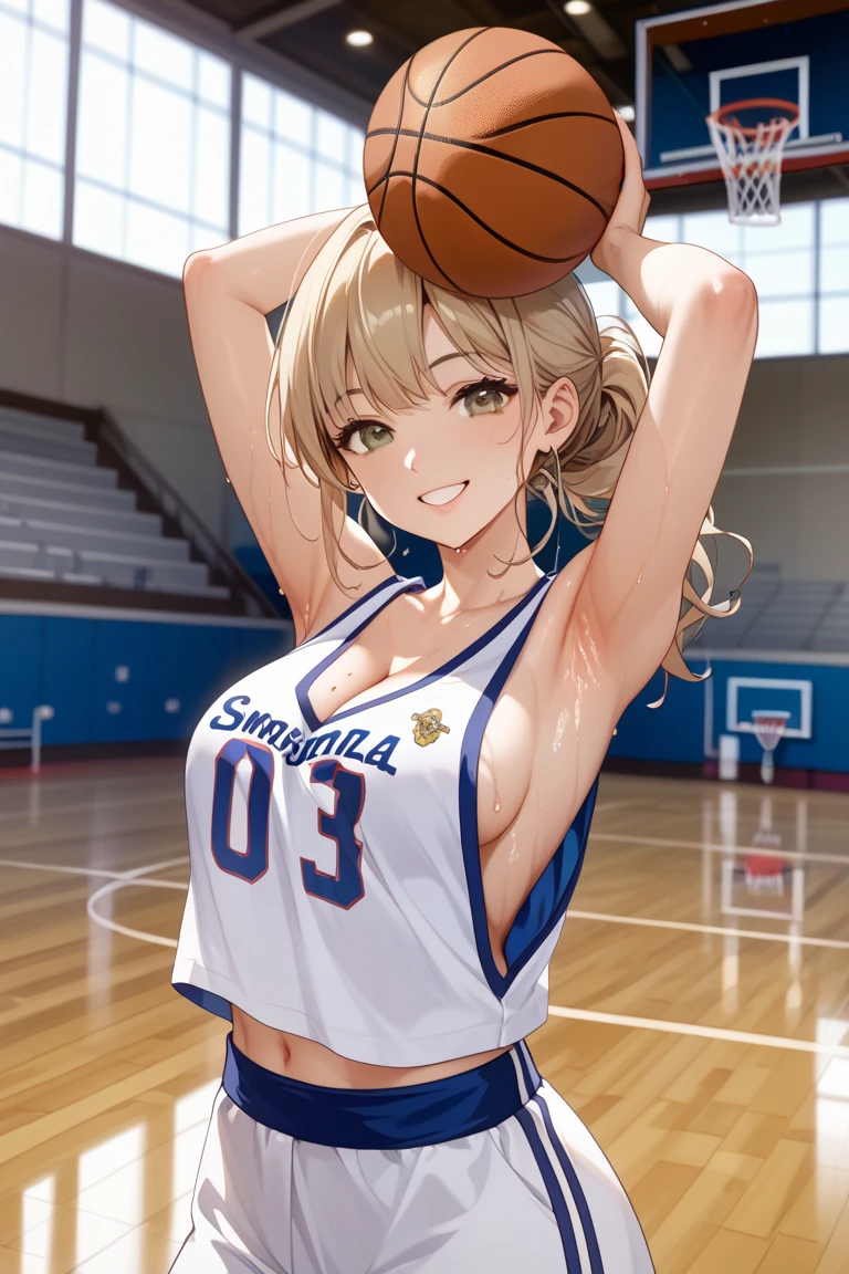 (Highest quality, 8k, 32K, masterpiece, Ultra-high resolution,:1.2),to be born, One Girl,So cute , hair ornaments, eye, Multicolored Hair,Upper Body, Blonde, Basketball Uniform, A fantasy background that resembles a gymnasium or an electronic world, clear, 輝くeye, Age 25 ,Fair skin, Blondeの少女, Sexy Costumes, Long Hair, An innocent smile, Large Breasts,, Basketball court