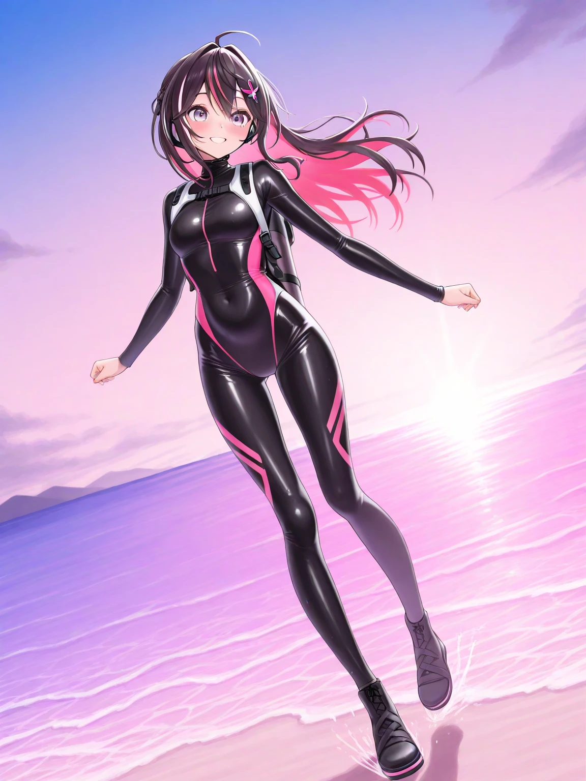 （（super high quality,Ultra-high resolution,16K,super masterpiece,Ultra HD,Ultra high definition,））One Girl,Pink wetsuit,Open chest,a blue sky with clouds and sun,