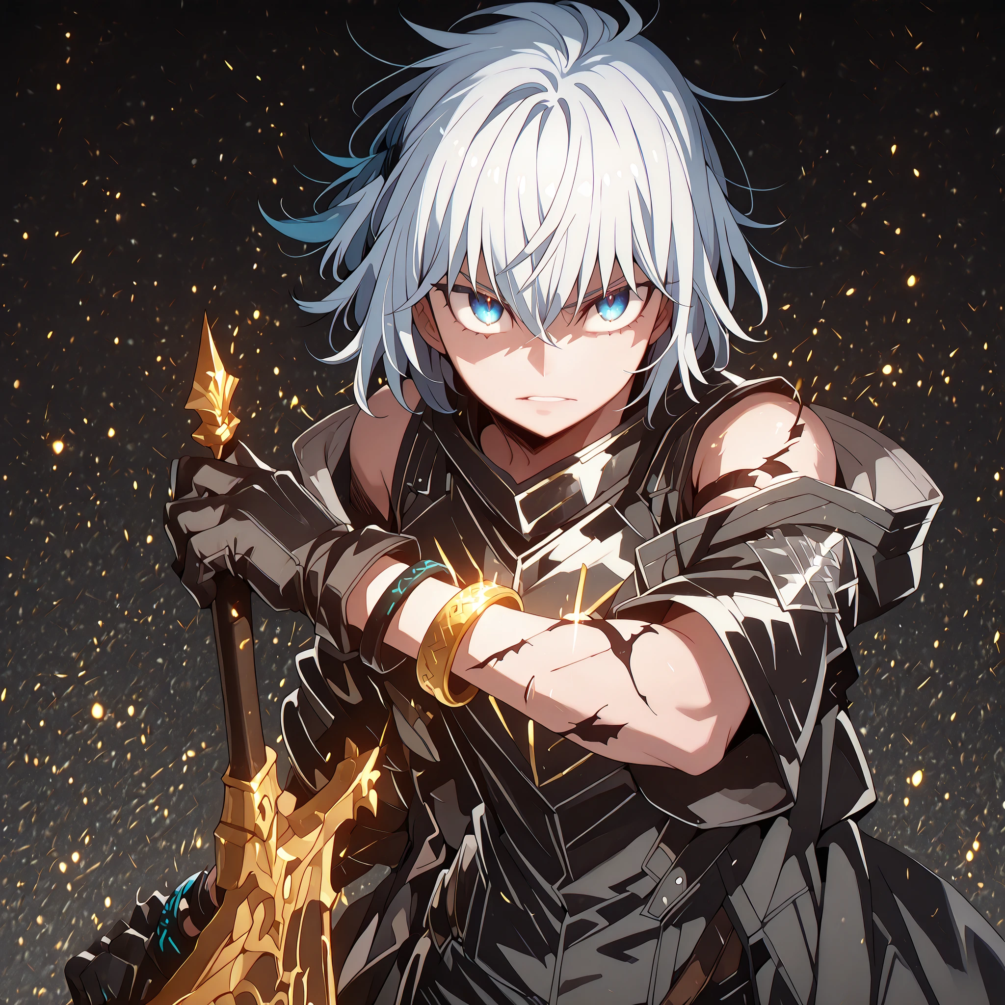 sozinho, 1 menino, e curto, pequeno personagem, personagem curto, personagem 1.50 metros de altura, e curto, personagem jovem, with Vanitas male body from "vanitas no carte", male character, campo longo, loose white hair with blue underside, young e curto character, similar in height to Rimuru Tempest;
shiny white hair, , the character's hairstyle must match that of Uchiha Sasuke, campo longo bangs, hair tied in a long field or ponytail;
The character's face must be the same as Hill's "Lilith's Cord", striking blue eyes , rosto provocativo, sorriso provocante, perfect and beautiful face;
anatomia perfeita, Black Military Tactical Clothing, tight to the body with gold details, Lucifer/Lucio style from Granblue Fantasy (military tactical black), exposed arms, corpo curto, exposed arms and shoulders, Dusk's black coat of the character "arknights", coat falling over the arms, black gloves covering the entire arm with gold bracelets on the wrists;
holding a large and giant sword completely black, greatsword campo longoer than the character's height, black blade;
fundo preto, attack position (holding a large and giant sword completely black, greatsword campo longoer than the character's height, black blade), Black Military Tactical Clothing, tight to the body with gold details, Lucifer/Lucio style from Granblue Fantasy (military tactical black), exposed arms, corpo curto, exposed arms and shoulders, Dusk's black coat of the character "arknights", coat falling over the arms, black gloves covering the entire arm with gold bracelets on the wrists;
pose chamativa, looking at the observer, sorriso provocante, confiante, he's a young boy,
character is a male character, tall similar to the character Rimuru Tempest;