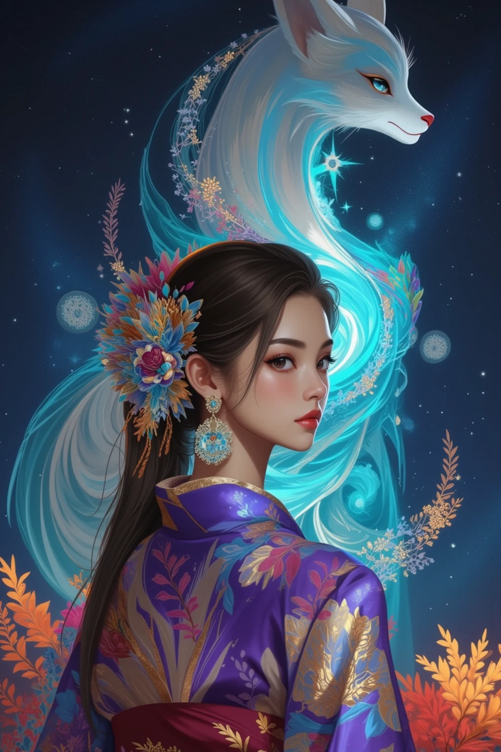 A young woman wears a bright kimono々 looking at viewers with an arrogant expression , The intricate pattern resembles flowing feathers, What is behind her is a beautiful creature that is spiritual and fantastic、iridescent fur swirling through the starry night sky radiates.Her long hair is styled gracefully, creates an aura of magical realism.Some spherical objects float around the creature, Planets contribute to the celestial theme.The woman's posture is so beautiful that it gives elegance and serenity to the scene.Artwork blends visual fantasy with traditional design elements, evokes a dreamy atmosphere.