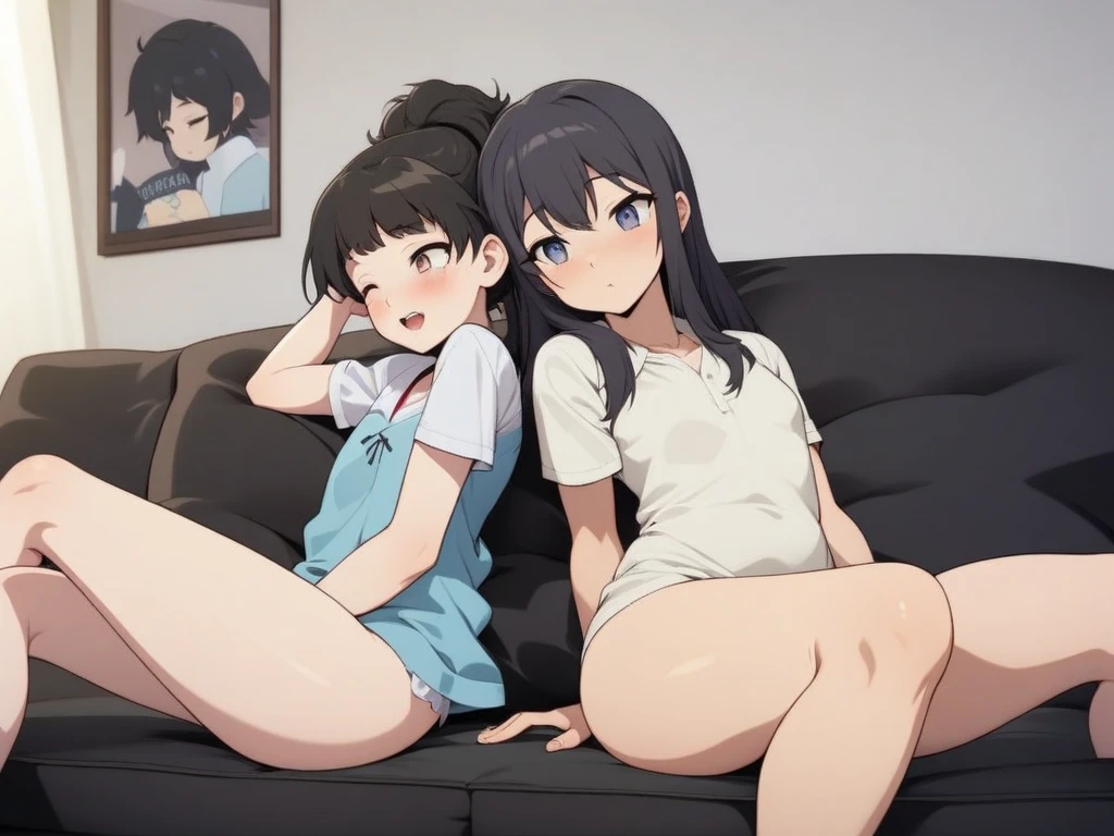 (masterpiece:1.2, best quality), (highly detailed:1.3),2girls, 11yo, long hair, long legs, (white panties), white bra, sitting on floor, spread legs, play videogame, holding gamepads, smile, bare feet, bedroom, bright, warm
