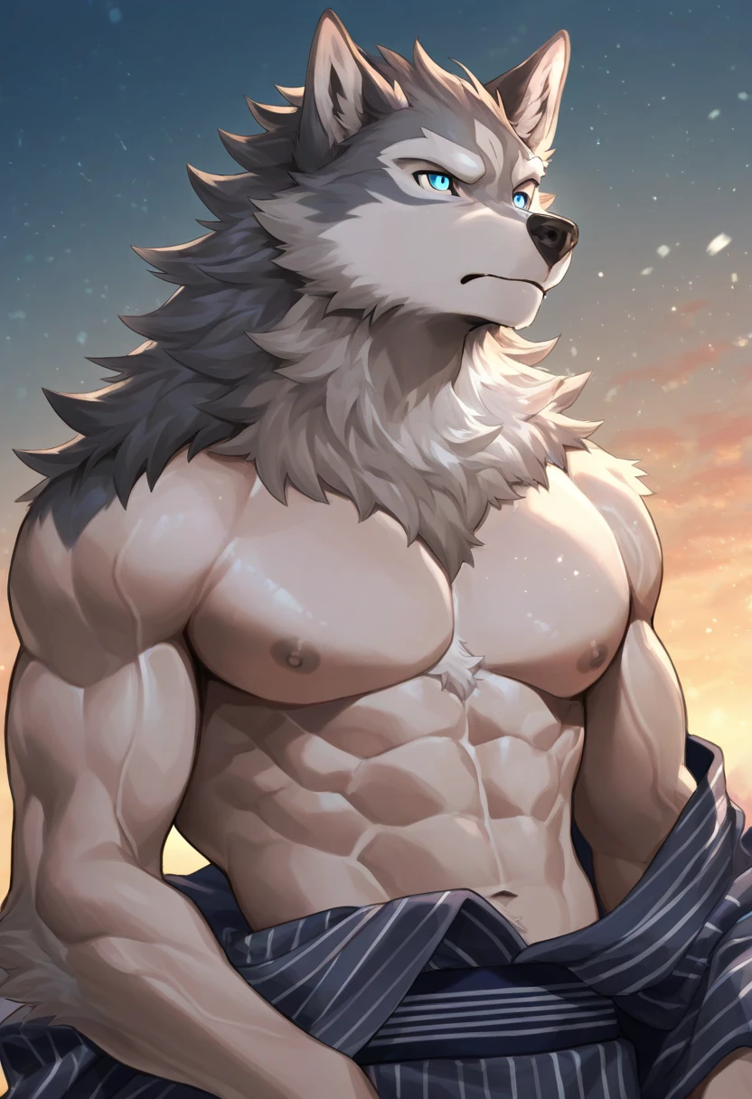 male, Gray Wolf, hairy, Smile, Gray fur, Black fur stripes, neutral, White loincloth,Dynamic Lighting, illustration, beautiful, particle (high quality,4K,8K,high resolution,masterpiece:1.2), Extremely detailed, Impressionism:Colorful,