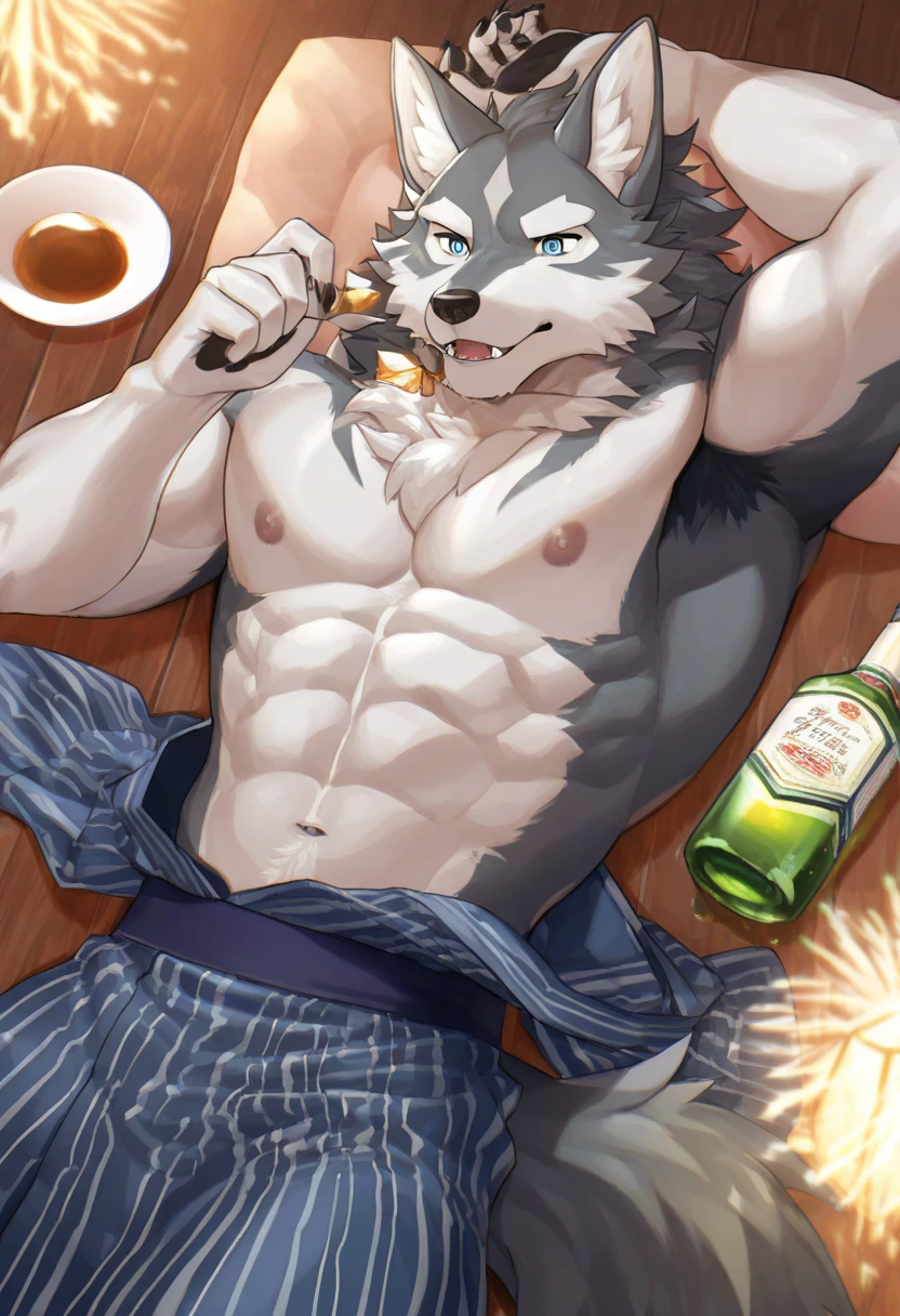 (masterpiece, 4K, ultra detailed), wolf furry, single, dark gray fur, white belly fur, messy haircut, masculine, noon, outside, grill, lying, muscular, shy, anime, teenage, red apron, naked, cumshot, load of cum, dark penis, balls, blue eyes