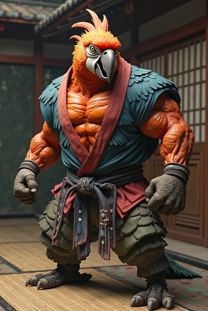 A red-haired Minotaur, training in an old dojo made of weathered wood. He's in a combat posture, with clenched fists and tensed muscles, focused on honing his martial skills. Ao fundo, traditional weapons and monk's sashes hang on the walls, while the soft light of the lanterns illuminates the scene and wearing oriental clothes.