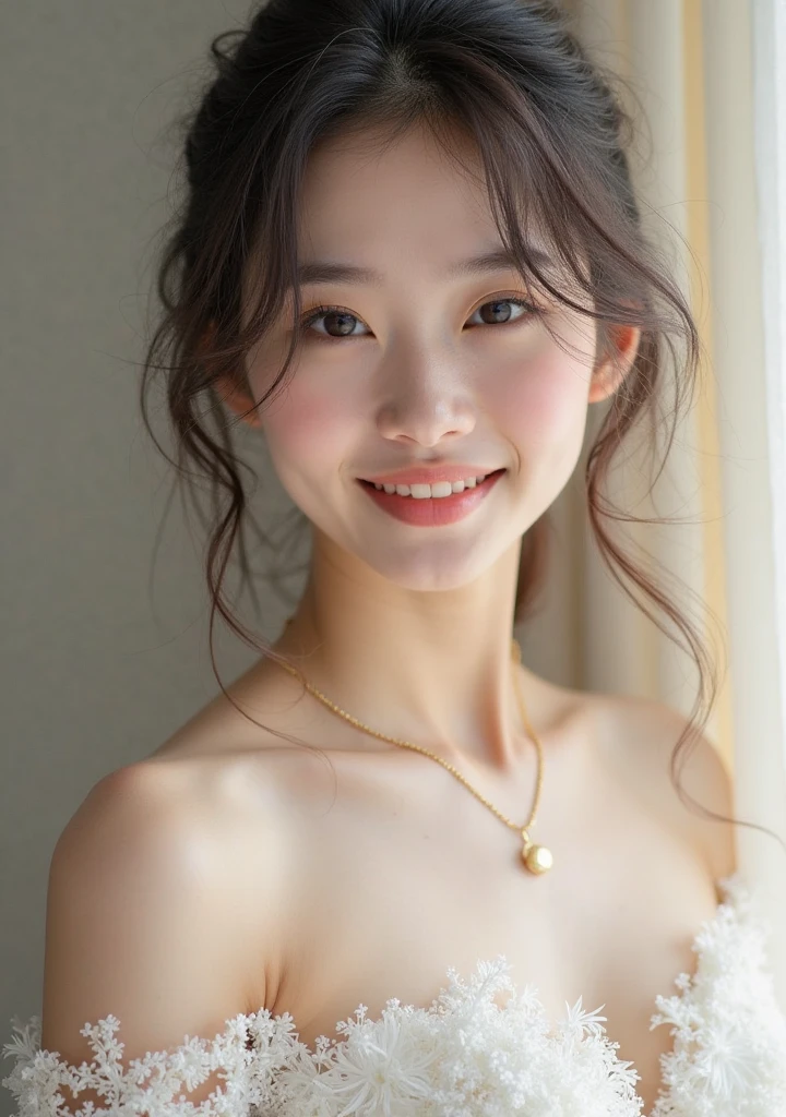 (((best quality))),(((ultra detailed))),(((masterpiece))),illustration,((1 beautiful young girl,solo)),((slim,thin)),((small breasts,flat chest)),(short ponytail:1.2),(laughing:1.2),stunning, radiant complexion, mesmerizing eyes,((strapless sheer bra)),frilly, domesticity, playfulness, colorful patches, vegetables, cooking utensils, whimsical,delicate features, gentle smile, perfectly aligned teeth, contentment, warmth, friendliness, vibrant atmosphere, bustling,barbecue restaurant, wooden panels, hanging plants, cozy, earthy feel, scent of sizzling meats, spices, patrons, tables, meals, laughter, lively ambiance, gleaming wooden counter, checkout counter, assortment of bills, receipts, cash register, calm, collected, typing, precision, simplicity, joy, hard work, hospitality, culinary delights,((from front,close-up of face))