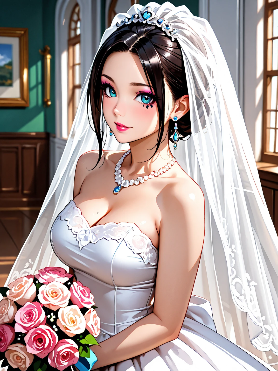 (masterpiece:1.2, top-quality, ultra high res, ultra detailed), (realistic, photorealistic:1.4), beautiful illustration, (natural side lighting, movie lighting), depth of fields,
looking at viewer, bust photo, 1 girl, , perfect face, (perfect anatomy), cute and symmetrical face, baby face, shiny skin,
(short hair:1.5, half updo:1.5, brown hair), hair between eyes, blue eyes, pink lips, long eye lasher, (large breasts:1.3),
beautiful hair, beautiful face, beautiful detailed eyes, beautiful clavicle, beautiful body, beautiful chest, beautiful thigh, beautiful legs, beautiful fingers,
detailed cloth texture, wedding princess dress, head flower, headdress, (bandeau wedding dress:1.5), (silk dress:1.2), (strapless wedding dress:1.5),
plain white dress, necklace, earring, cleavage, bouquet, (lace gloves:1.2), (bridal veil:1.2),(short transparent veil:1.2),
(beautiful scenery), evening, (church) standing, blush,
