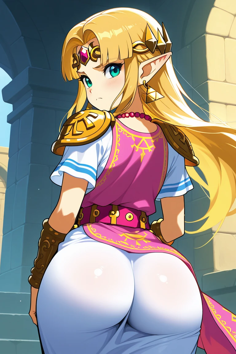 Princess Zelda, showing big ass, half naked, forest background. Smiling.