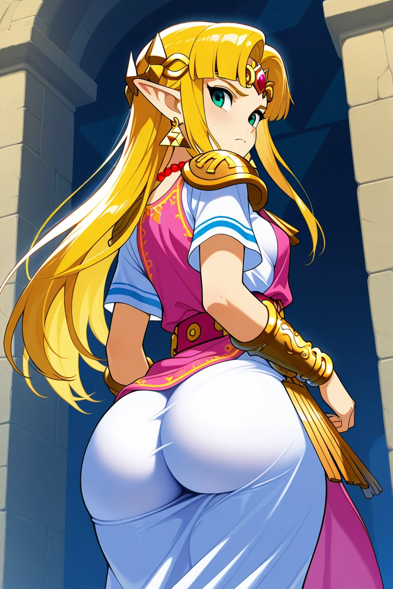 NSFW]Imagine Princess Zelda, wearing only a sexy spicy 2-piece mini bikini, her huge butt,massive ass, she has a very exaggeratedly fat ass, and very big tits, the purple and pink mini bikini , with everything exposed, she is not wearing clothes, she is naked simply wearing the bikink, posing sensually with a highly voluptuous body, with an exaggeratedly large and round ass, like her tits, but very attractive and bright green eyes, small set of bikini in the middle of an idyllic landscape. She has a small waist and wide hips, she enjoys the water while she poses on her back with her gaze fixed on the camera while she winks at him seductively, on a sunny day. The style of the image combines realism with an animated touch, captured with an artistic quality that makes it ideal as a wallpaper in 18K resolution for cell phones. The natural lighting highlights every detail of her, presenting her in a general shot that shows her full and attractive figure, full body image (masterpiece:1.2, Best quality at best:1.2, beautiful, high quality, High resolution:1.1, Aesthetic), Detailed pubic hair, Highly detailed, soft ambient lighting, 4k, perfect eyes , it's the perfect face, perfect lighting, 1个 Giant breast girl, Alone, big and huge breast, willow waist, wide hips, thick thigh, beautiful curves, sitting, looking at the viewer