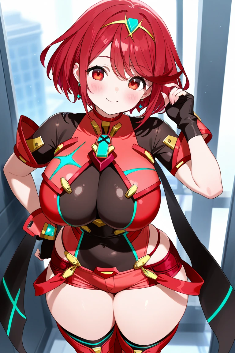 red translucent armor,Arm mecha,Short golden hair,Long ponytail hairstyle,Large Breasts,Cleavage,Pistol hanging from waist,fighter pilot,fighter hangar,sexly,Lipstick,miss,Golden Eyes,stockings,Short skirt,Nipple showing