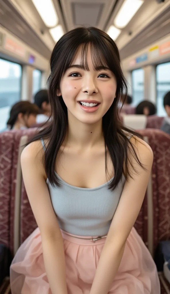 (Woman sitting on train seat:1.2、(A big smile、Squint your eyes and laugh))、((Sleeveless shirt、(Wearing a tight mini skirt:1.3、Detailed light blue panties))、(View from the front)、(Realistic、Like a photograph、Live Action、8k, Realistic, RAW Photos, Best image quality: 1.4), Single-lens reflex camera、RAW Photos, Highest quality, Realistic, Highly detailed CG Unity 8k wallpaper, Written boundary depth, Cinematic Light, Lens flare, Ray Tracing, Realistic background、((ultra high density skin))、(whole body:1.5)、Long Hair 1.2)、I like that style、stylish、Very detailed、Pay attention to the details、Perfect outfit、(Sunburned skin)、Accurate hands、Accurate legs、Detailed hands and fingers、Anatomically correct body、Thin legs、Thin thighs、Small breasts、Very detailedな顔