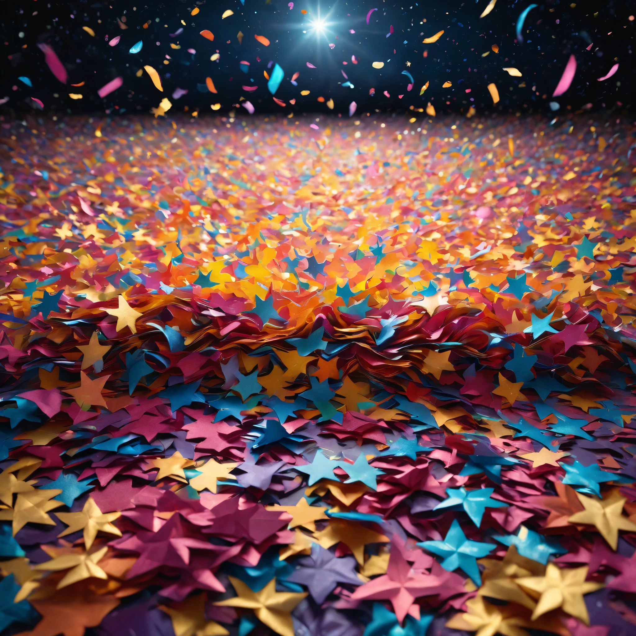 vibrant multicolored confetti, fluttering through the air, night sky backdrop, a dance of festivity and color, swirling paper fragments catching the light of the stars, a celebration under the celestial expanse, festive atmosphere, confetti like a rainbow cascade, sparkling against the dark canvas of night, endless joy expressed in flying colors, a spectacle of hues, paper pieces glinting silver in the moonlight, (best quality,4k,8k,highres,masterpiece:1.2), ultra-detailed, (realistic, photorealistic, photo-realistic:1.37), joyful celebration, starlit festival, lively confetti storm, festive night air, dynamic motion, festive spirals, spectacular display of colors, bright specks of paper, sparkling lively night, midnight celebration, (shimmering effect:1.1), (colorful paper, glossy paper), (ethereal glow:1.1), (vivid colors:1.1), magical night event