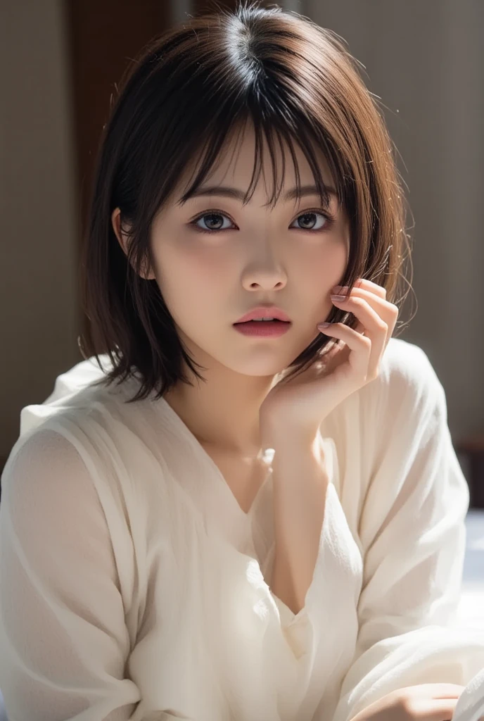 (1 Girl)、(Beautiful Japanese、18years old,round face、Refreshing、clear、seems kind、stylish、Pitiful、cute like an angel、cute、black eyes、,actress,Almond-shaped eyes,Translucent white skin、Beautiful skin), Good style , (((Beautiful big breasts:1.2))),(((soft breasts))),(very cute),(Black hair),(short bob hair),(enchanting eyes),(highlight on eyes:1.2)、(8K、Live shooting、highest quality、masterpiece:1.2、optimal lighting)、((masterpiece)),(Photo taken by a professional photographer),(real、photo real:1.4),break,{ (White nurse costume),(((taraditional nurse uniform)))、(Fit)},(tears:1.4))(cheeks are red:1.2), break, break,Old abandoned hospital,Face shot:1.3、looking at viewer, face close-up,Looking up、Cleavage:1.2、Peering in with a worried look on his face。(((Looking back))),Weak face,From below,(((dynamic angle)))