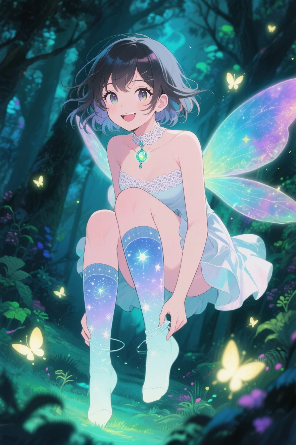 Fairy Winged Girl　1 persons　Moonlit　in woods　Sitting on a fallen tree　Putting your feet in the river　Longhaire