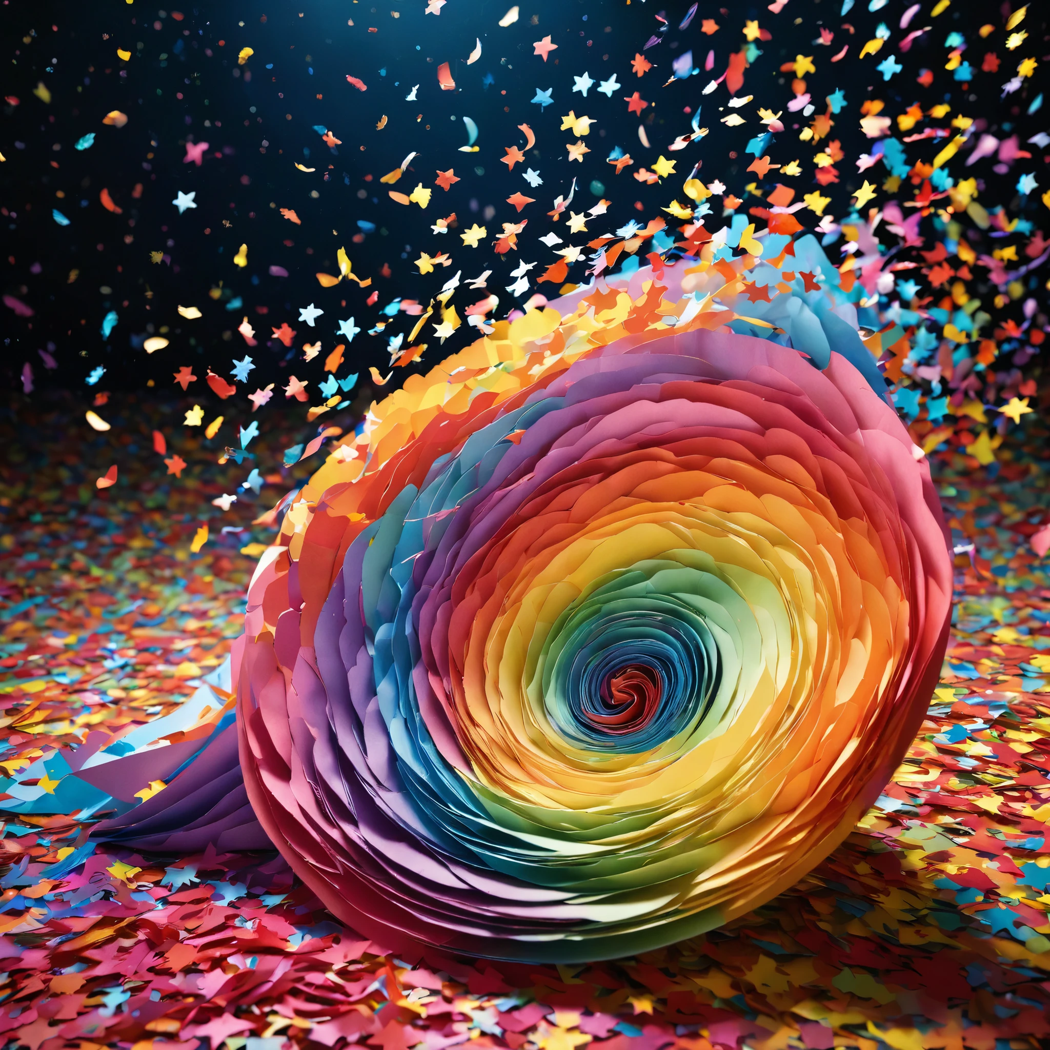 vibrant multicolored confetti, fluttering through the air, night sky backdrop, a dance of festivity and color, swirling paper fragments catching the light of the stars, a celebration under the celestial expanse, festive atmosphere, confetti like a rainbow cascade, sparkling against the dark canvas of night, endless joy expressed in flying colors, a spectacle of hues, paper pieces glinting silver in the moonlight, (best quality,4k,8k,highres,masterpiece:1.2), ultra-detailed, (realistic, photorealistic, photo-realistic:1.37), joyful celebration, starlit festival, lively confetti storm, festive night air, dynamic motion, festive spirals, spectacular display of colors, bright specks of paper, sparkling lively night, midnight celebration, (shimmering effect:1.1), (colorful paper, glossy paper), (ethereal glow:1.1), (vivid colors:1.1), magical night event