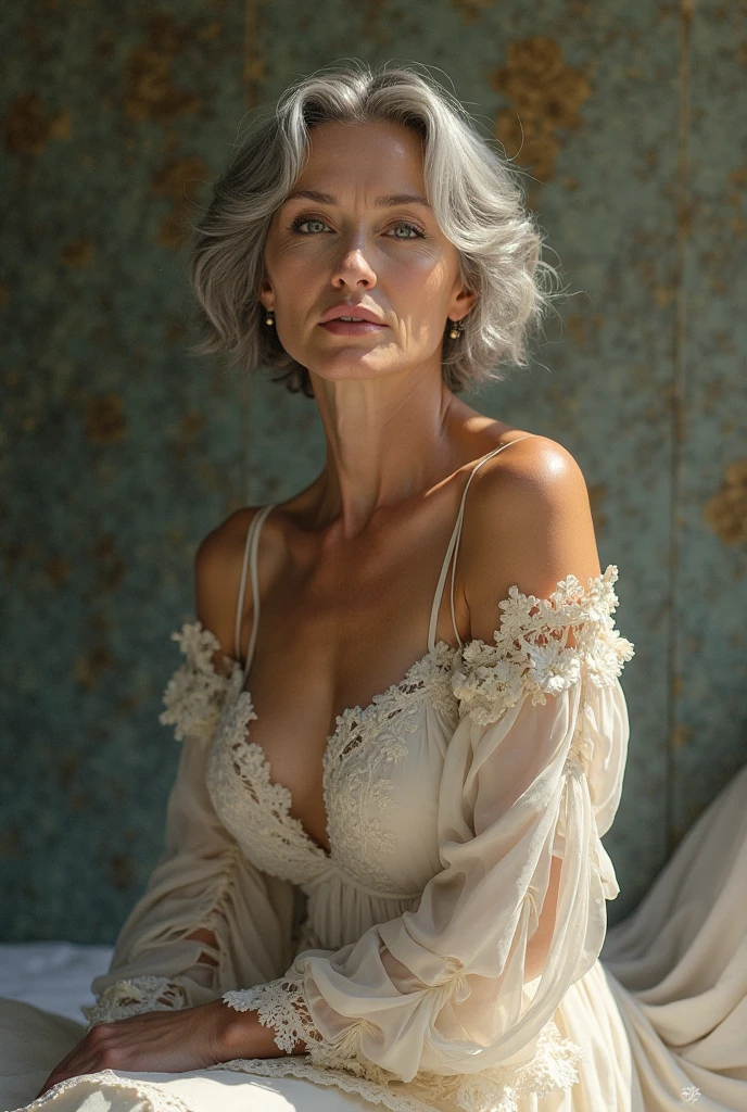 Off the shoulder、Leaning forward、Gray Hair