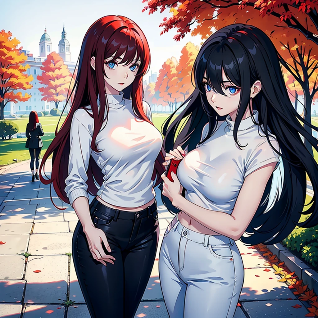 2 heads, a short skinny woman with 2 heads. Massive fake round tits. In a park during the winter. Snowing. Wearing tight t-shirt. Wearing black sweatpants. Wearing beanie hat. Gorgeous face. Cute. Happy. Smiling. Young. Flirty. Goth. Long straight red hair. Touching breasts. Seductive. Lustful. Gigantic round fake tits. Thick thighs. Slutty. Girlfriend. 2 heads. Conjoined. Enormous round fake boobs. Aroused. Horny. Tiny, short, small body, midget.